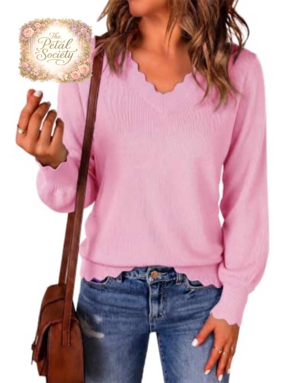 Womens V Neck Long Sleeve Scallop Trim Knit Pullover Sweater